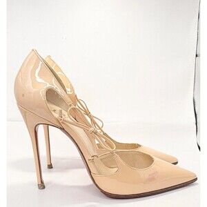 Christian Louboutin Nude Patent Leather Pumps w/ Bow Accent Stiletto Sz EU 37 7